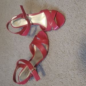 Red open toe 3.5 inch heel, Ankle buckle closure, good condition, size 9.5